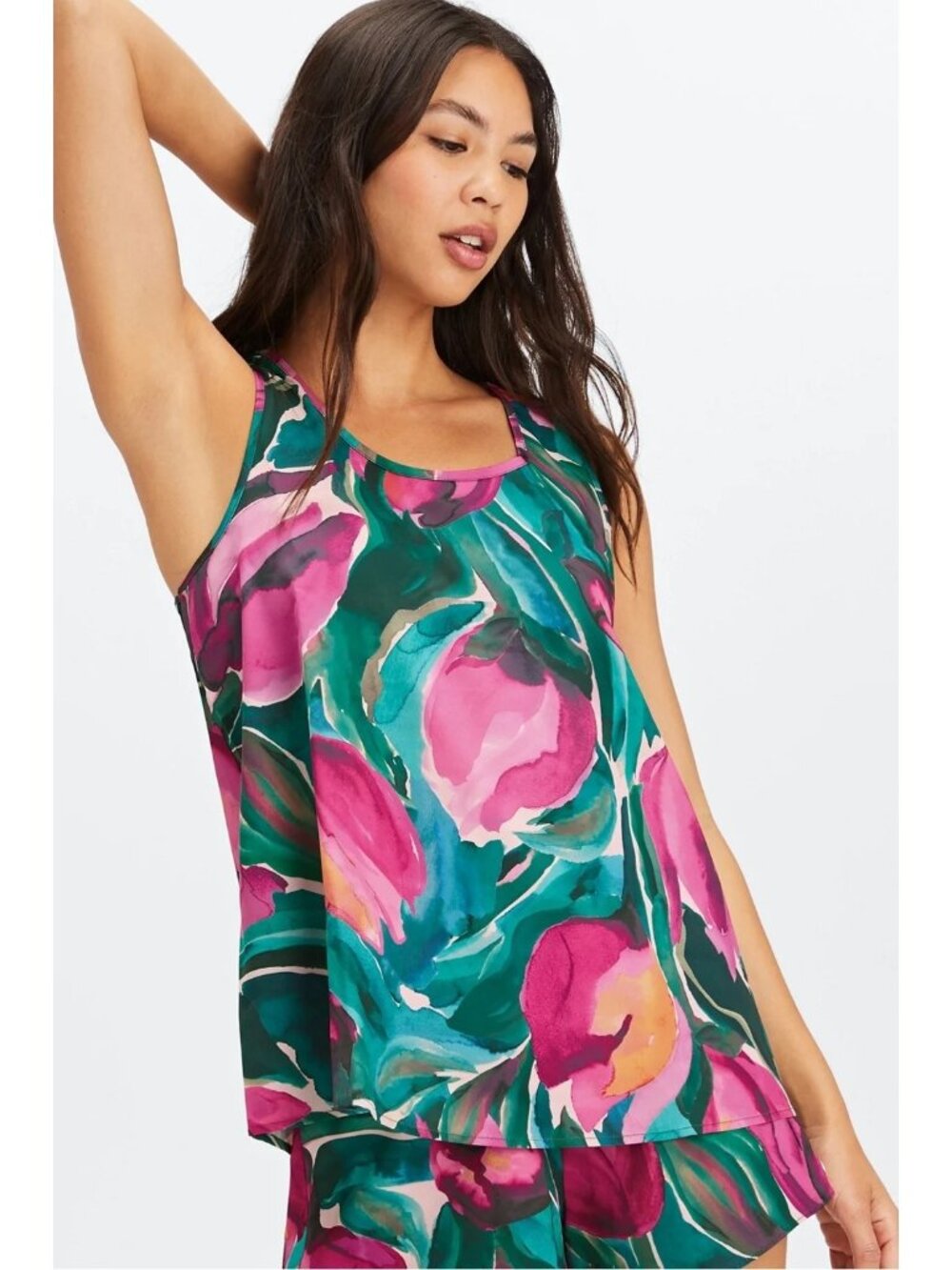 Fabletics Tank Top Size XXL Floral Sleep Sleeveless Painted Tulips Teal Pink NEW